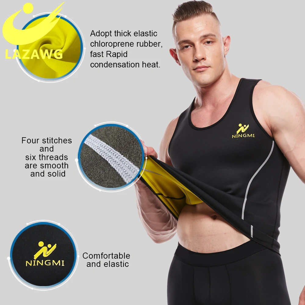 Lazawg conjuntos magros sauna terno para homens quente suor colete de fitness treino sauna camisas neoprene ginásio cintura formador corpo superior