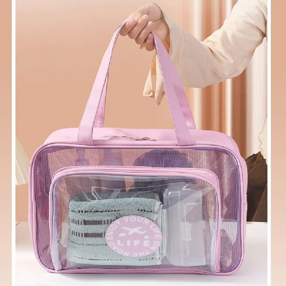 Large Capacity Portable Cosmetic Bag Transparent Waterproof Makeup Handbag Wide Handle Wet and Dry Separation