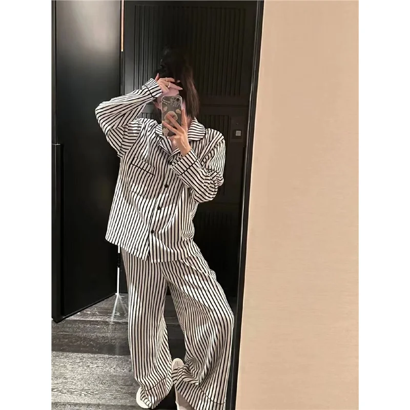 

Korean Sle Long Sve Pants Set Striped Open Cardigan Home Clothes for Women Autumn Spring Summer Four Seasons Universal