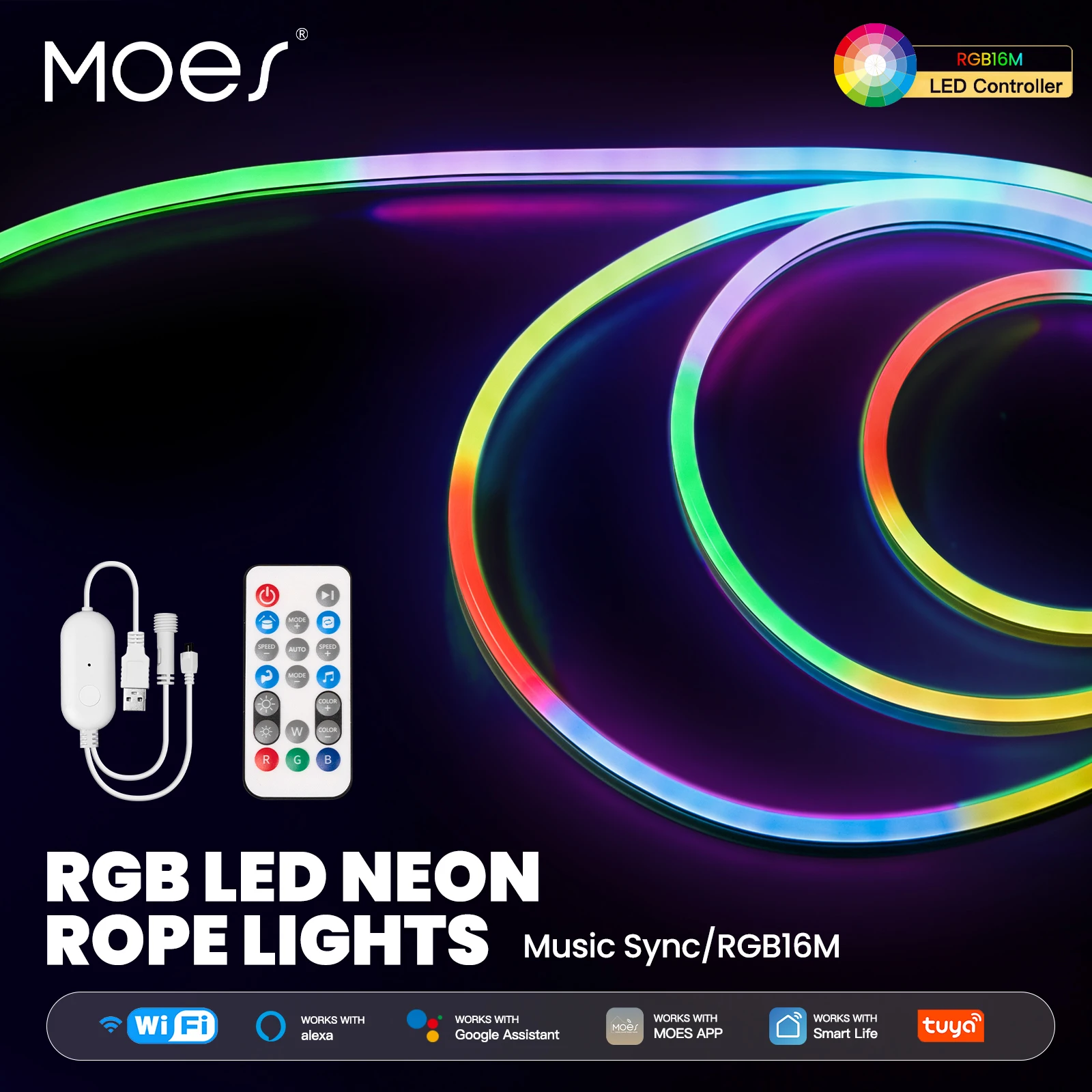 MOES Wifi Smart Neon LED Light Strip 16 Million RGB Color Rope Lamp for TV Backlight, party Decor Work with Alexa Google Home