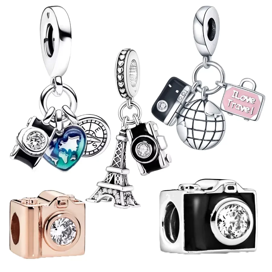 Black Vintage Camera Iron Tower Dangle Pink Bag Charm Beads Fit Original 925 Sterling Silver Pandora Bracelet Women DIY Jewelry