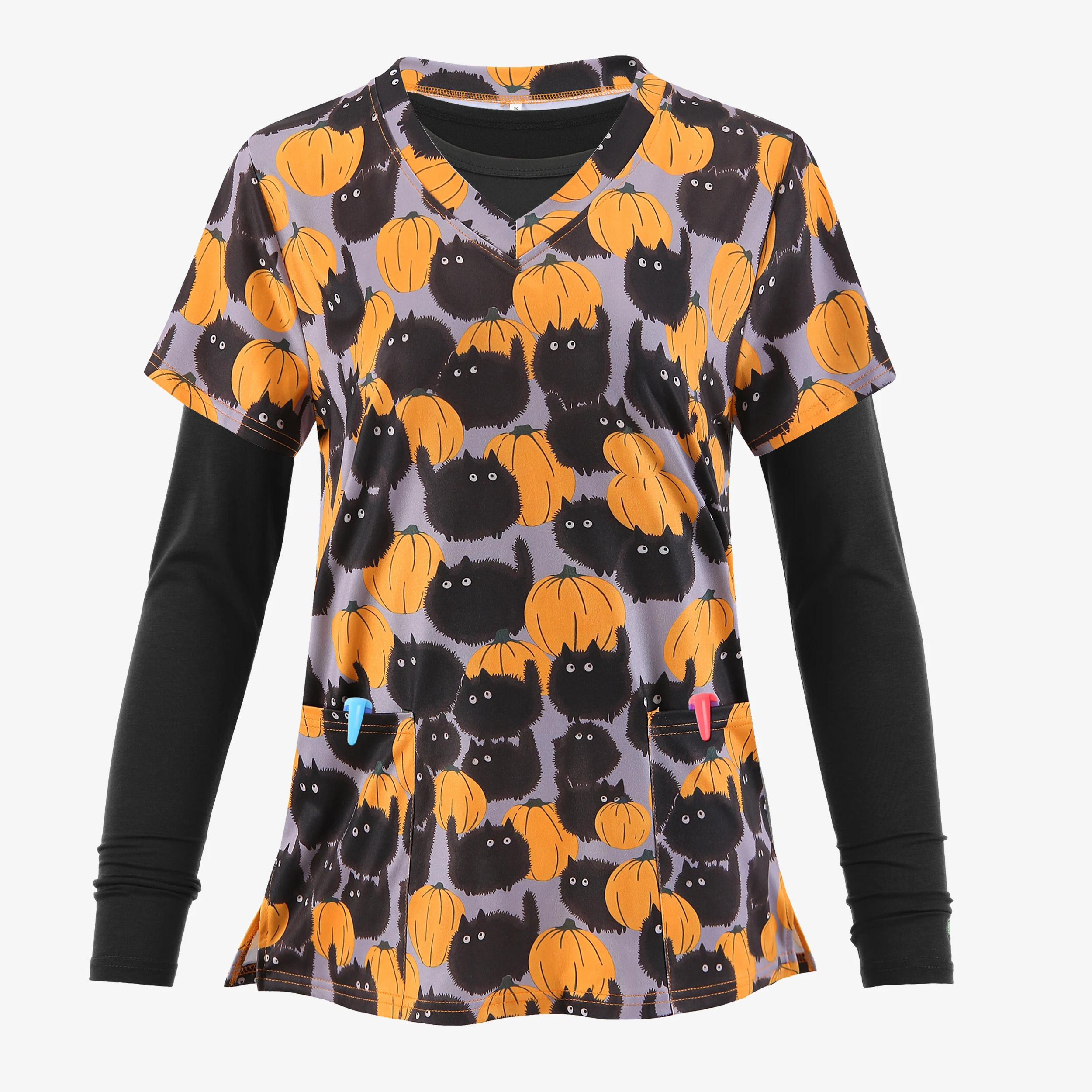 2PCS Halloween Nurse Scrubs: V-Neck, Short-Sleeved Pumpkin Print Tops and Long-Sleeved Skinny Elasticity Bottom Shirts Two-Piece