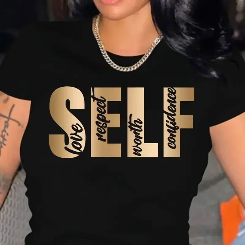 

Love Respect Self Gold Letter Print Women T Shirt Short Sleeve O Neck Loose Women Tshirt Ladies Tee Shirt Tops Camisetas Mujer