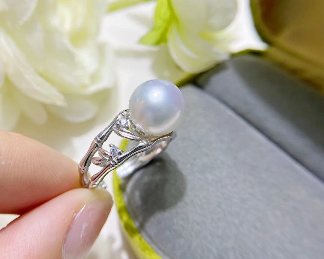 

JCY Solid 925 Sterling Silver Round 10-11mm Nature Fresh Water White Pearls Rings for Women Fine Birthday's Presents