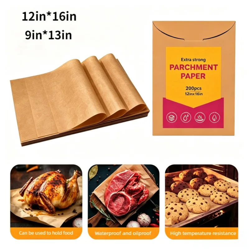 200 pcs Unbleached Baking Paper,Heavy Duty Parchment Paper Sheets for Baking | No-Stick & No-Leak for Oven,Air Fryer,Microwave