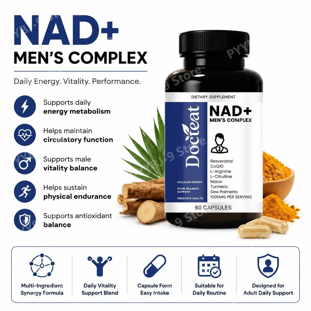 Docteat NAD+ Men's Complex Capsules for Daily Energy Metabolism and Circulatory Support, Male Vitality Balance 60 Capsules