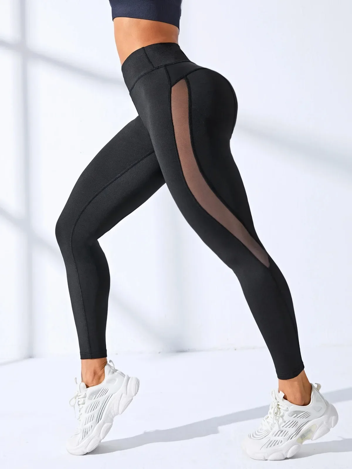 Women Gym Yoga Butt Lifting Leggings Sexy Mesh Leather Splice Quick Dry Sports Pants Elastic High Waist Exercise Workout Leggins