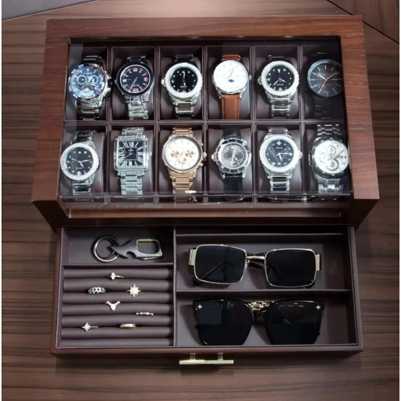 Multifunctional Watch Box Luxury Watch and Jewellery Box Wooden Men Storage Watches Boxes with Glass Cover Display Case Gifts