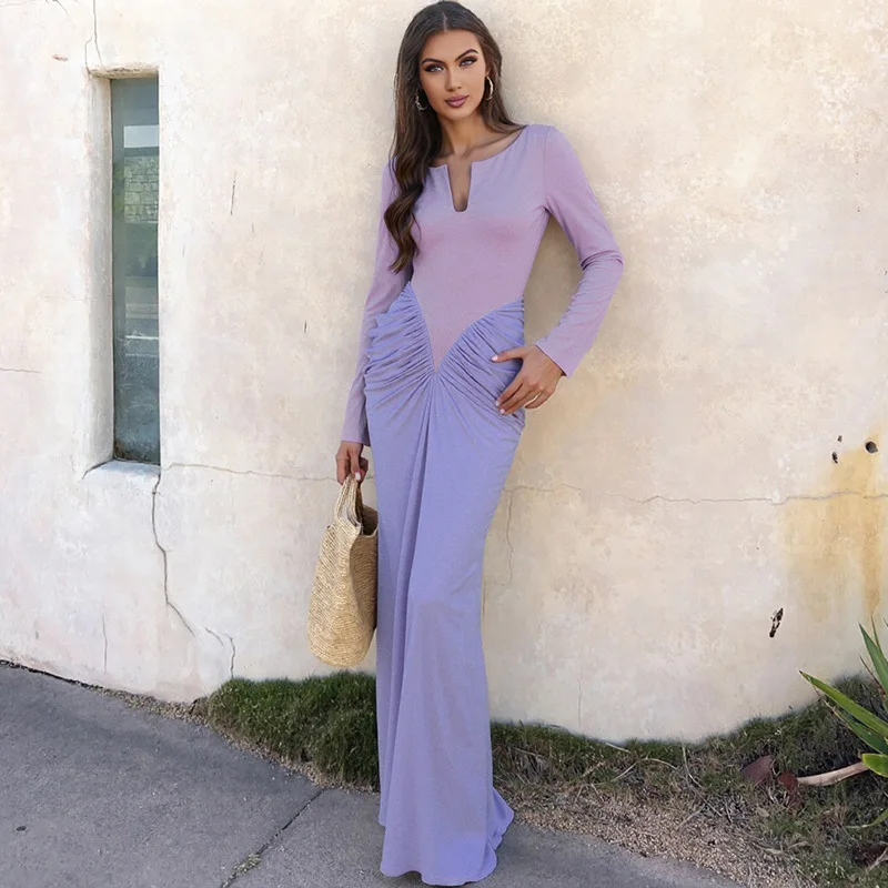 

2025 New Fashion Women V-Neck Pleated Party Gown Long Sleeve Slim Fit Robes Black and Blue Waisted Female Clothing For Winter