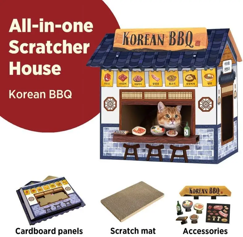 Cardboard Cat House with Scratcher, Large Cat Cave Bed for Indoor Cats, Easy Assembly, Korean BBQ Design, Pet Furniture - Detail 1