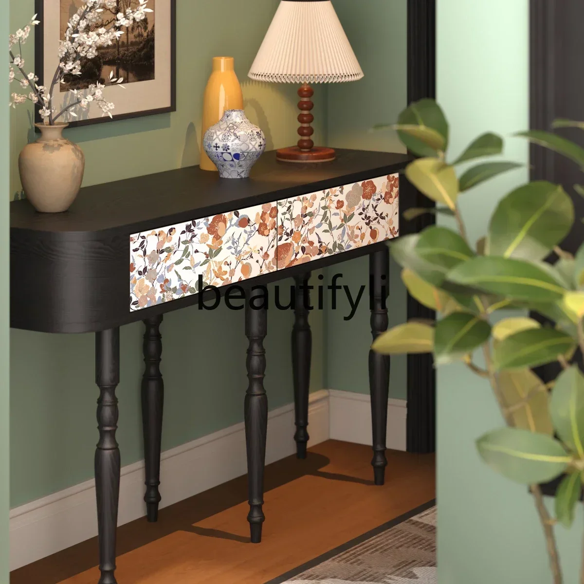 

Asmt14 New French solid wood porch cabinet, antique black decorative display cabinet against the wall in the entrance hall