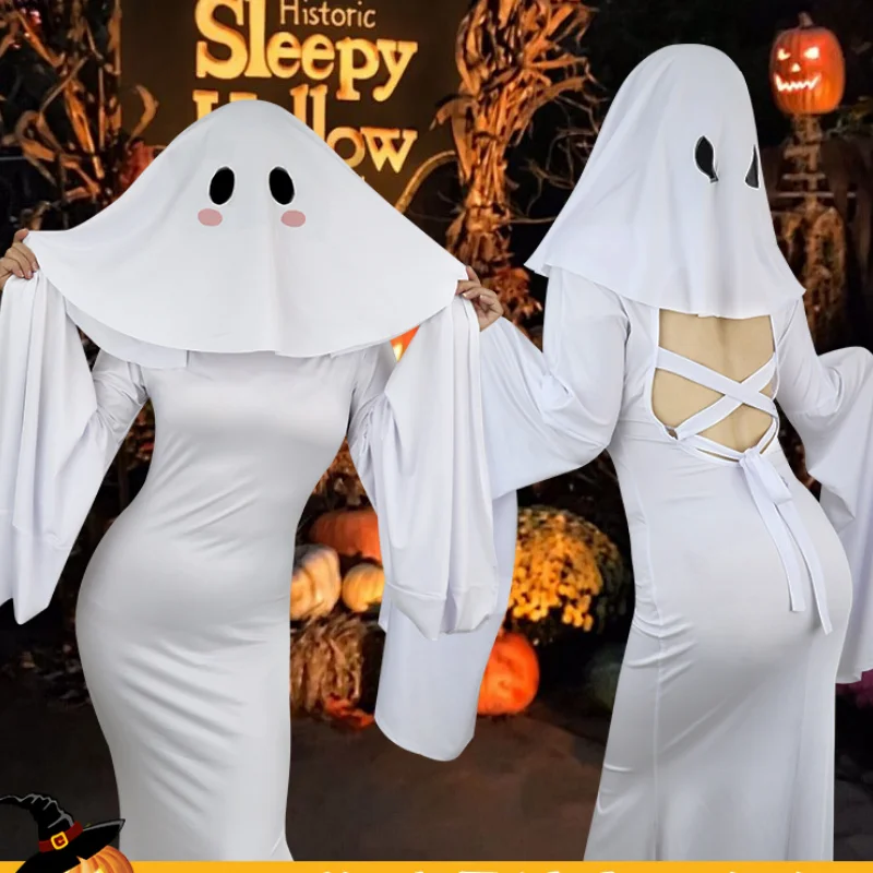 Ghost Mother Cosplay Costume Sexy Cute Women White Two Wear Slim Dress Halloween Christmas Fancy Party Clothing