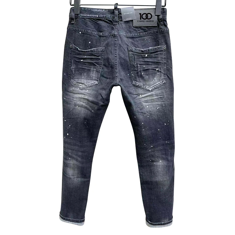 Chareiharper-Jeans de Cintura Média Masculina Ripped, Calças de Pés Slim Trend Paint, adorno suspenso, moda, 100, C051