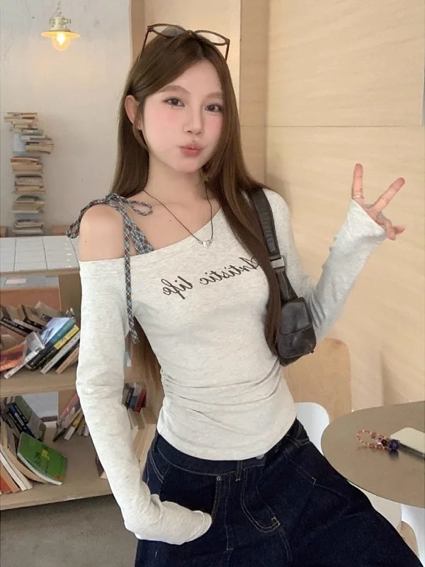 

plus Size Spaghetti Strap Letter Print Long Sleeve T-Shirt Women's Slim Fit Patchwork Top for Early Autumn Commute Style