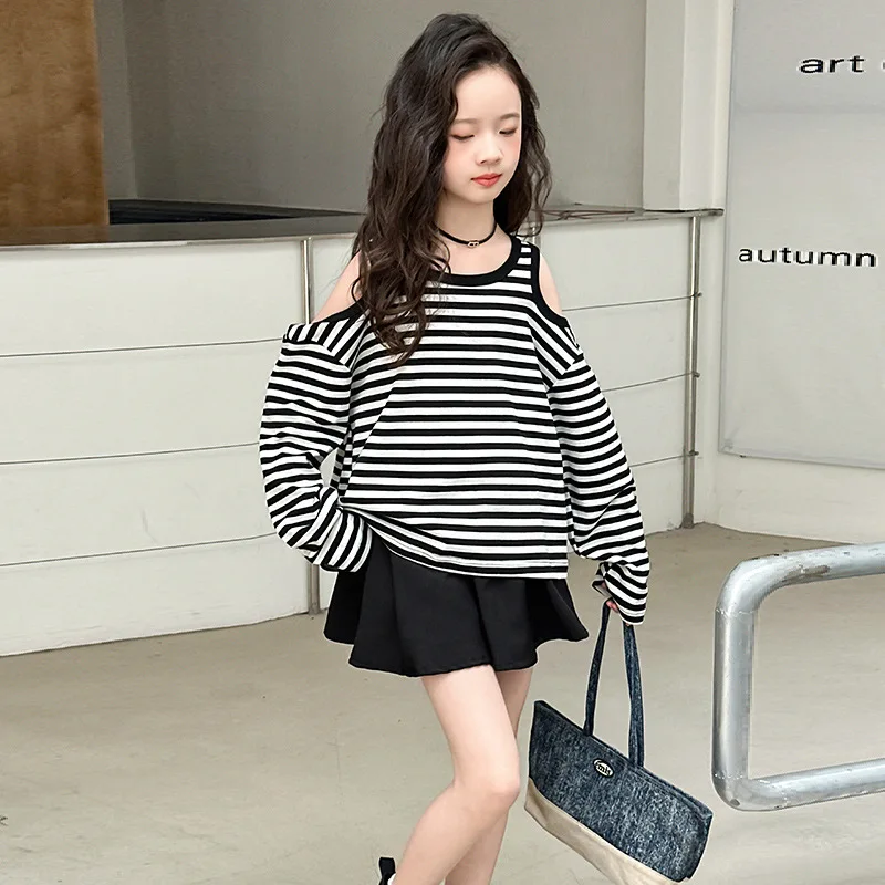 

School Girls Two-piece Set Autumn Kids Girls Striped Off-shoulder Top Children Girls Short Skirt Junior Girls Fashion Outfit