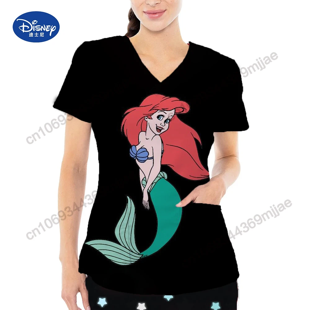 Disney Cartoon Pattern Women\'s T-Shirt V-neck Design Style T-shirts 2024 New Fashion Women Clothing Double Pocket Cute Clothes