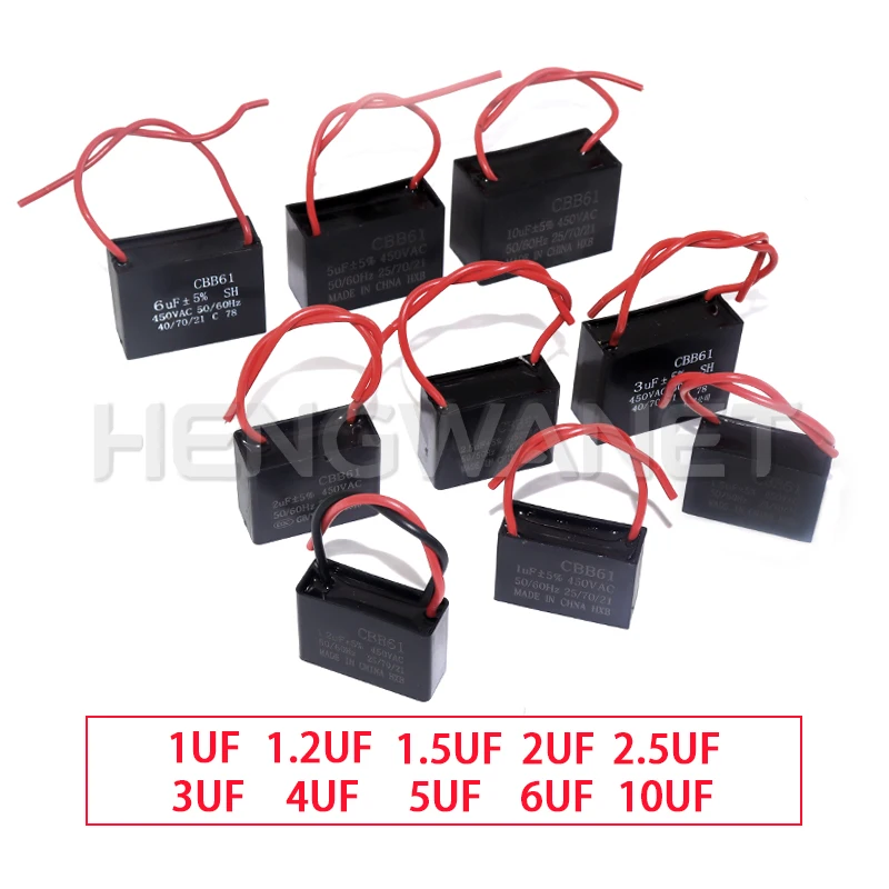 Condensador de Ventilador CBB61 450V 1UF 1.2UF 1.5UF 2UF 2.5UF 3UF 4UF 5UF 6UF 10UF, Condensador Rectangular para Motor de Ventilador de Techo CBB61