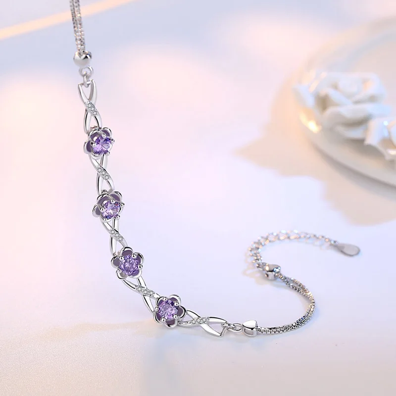 Authentic S925 Sterling Silver Crystal Vintage Plum Blossom Flower Bracelet Bangle For Women Girl Lady Wedding Birthday Gift - view 6