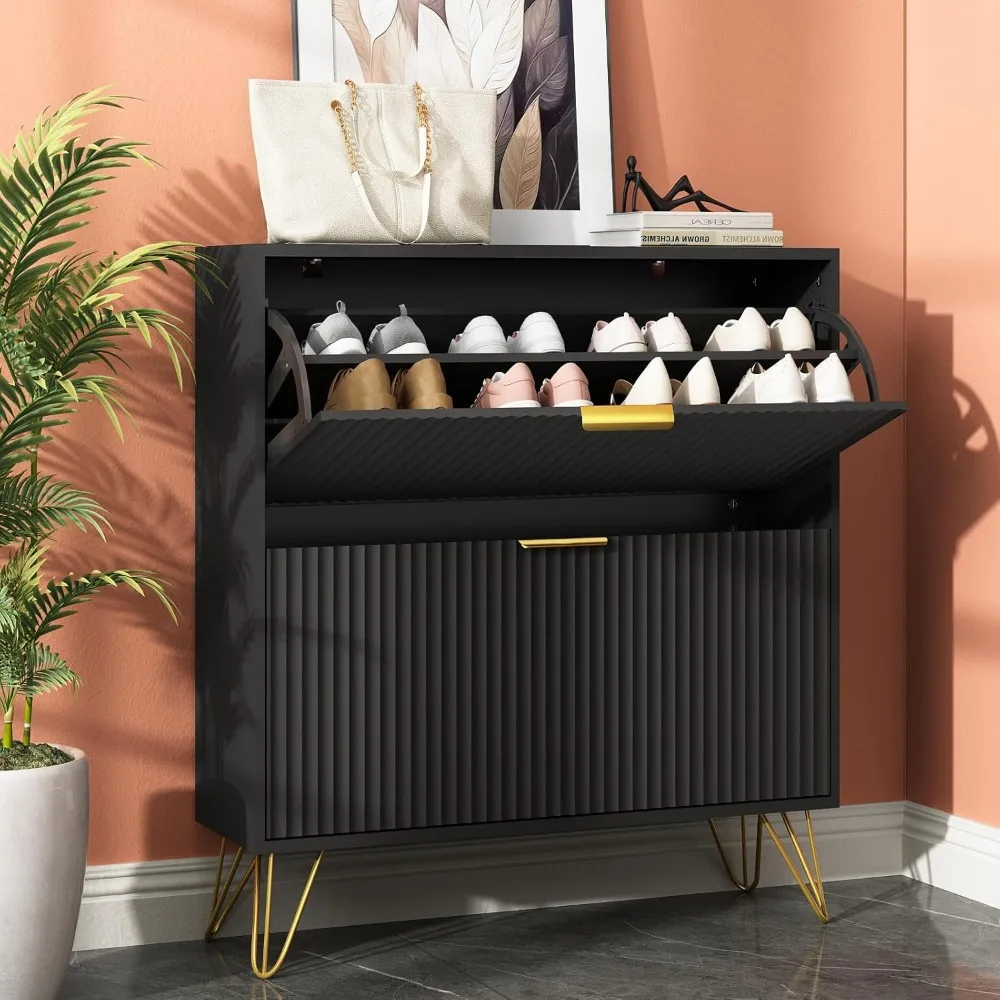 

Shoe Storage Cabinet with 2 Flip Drawers, 31.5" W Fluted Shoe Cabinet for Entryway, Hidden Shoe Cabinet Storage, Narrow Free Sta