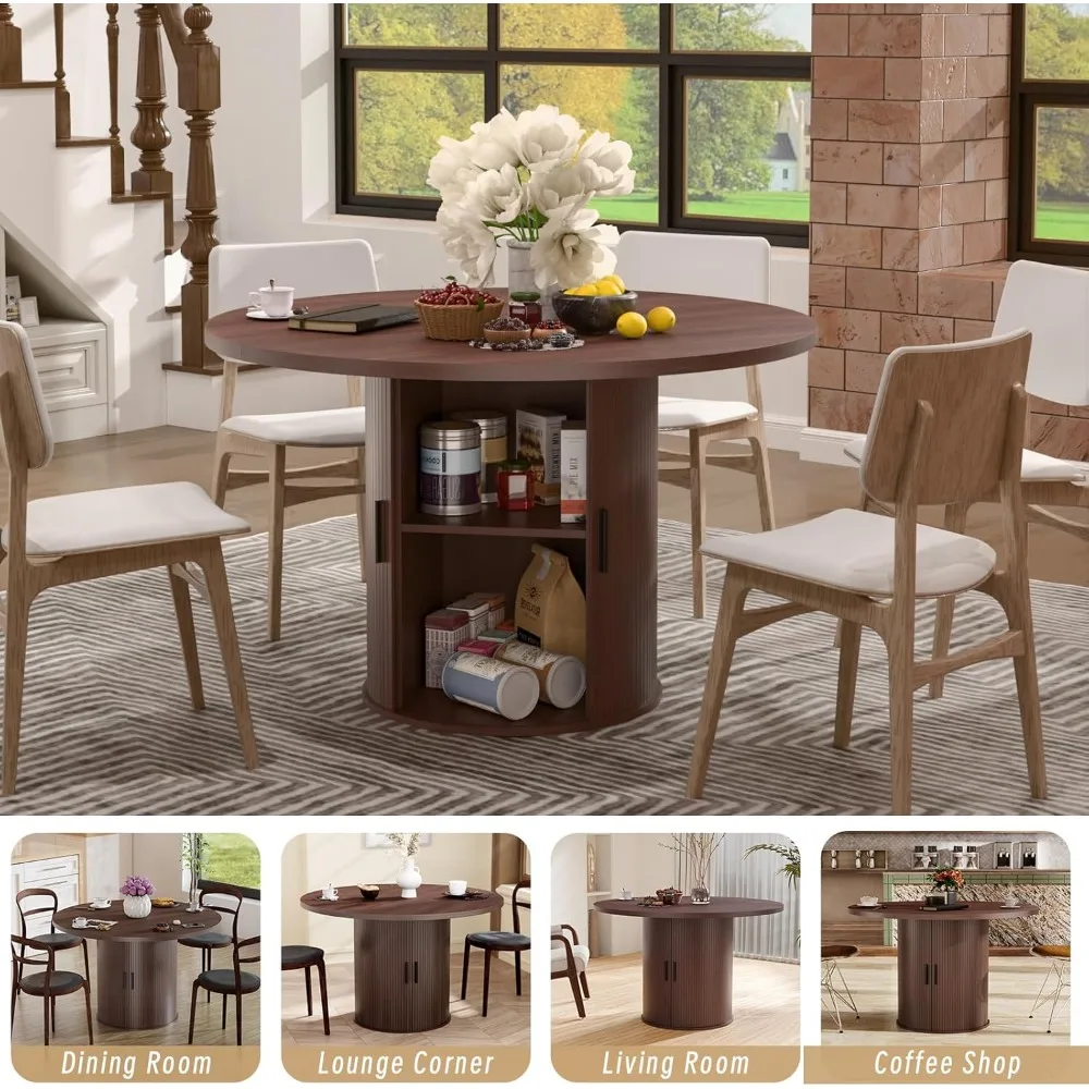 48'' Round Dining Table for 4 Kitchen Dining Table with Storage Dinner Table with 2-Layer Shelf and Wood Slide Door, Practical S