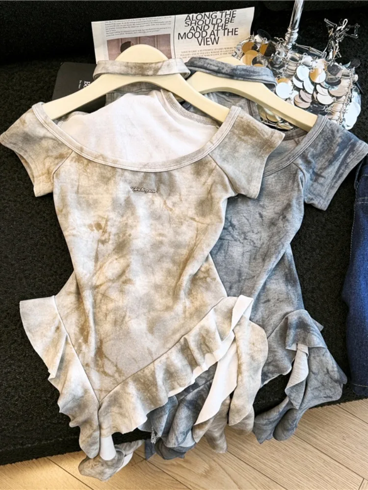 

Summer New Unique Women's T-shirt Neck Hanging Short Sleeve Card Color Irregular Gradient Hemline with Sash Casual Top