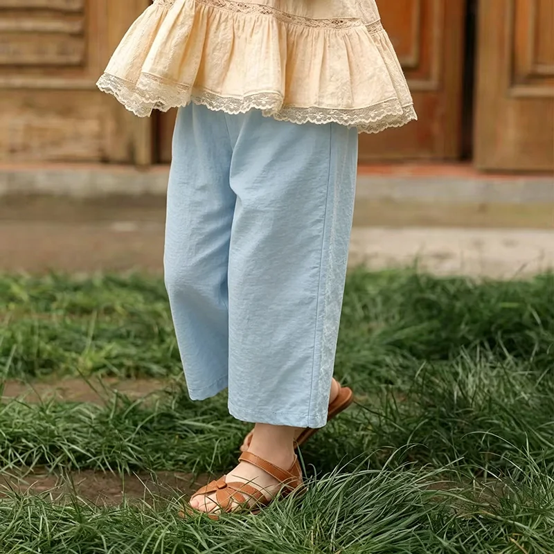 Summer Girls Straight Pants Casual Thin Loose Elastic Waist Simple Pants Kids Sweet Wide Leg Pants for Children's Trousers 2-14Y