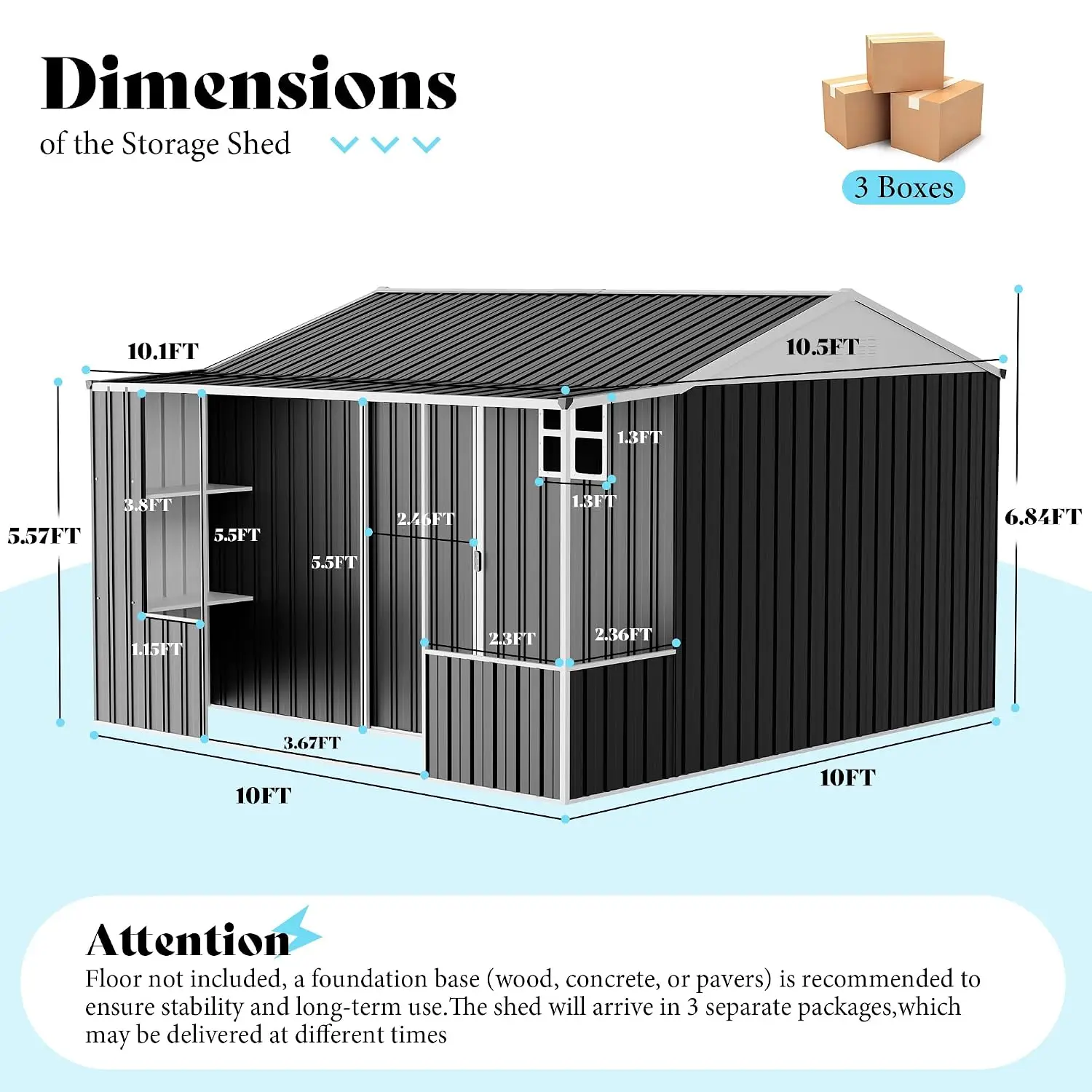 10x10.5x7 FT Outdoor Metal Shed with Work Area & Storage Zone, Customized