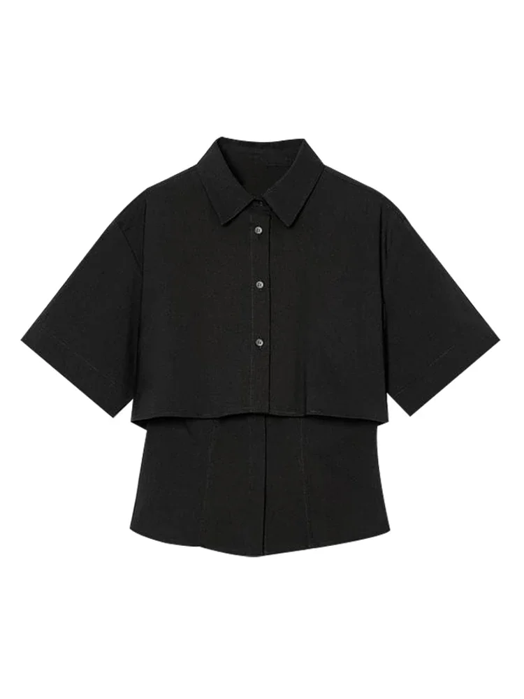 Women Chic Patchwork Black Shirt Casual Lapel Single Breasted Short Sleeve Blouse 2025 Spring Summer NewAll-matching Tops Lady