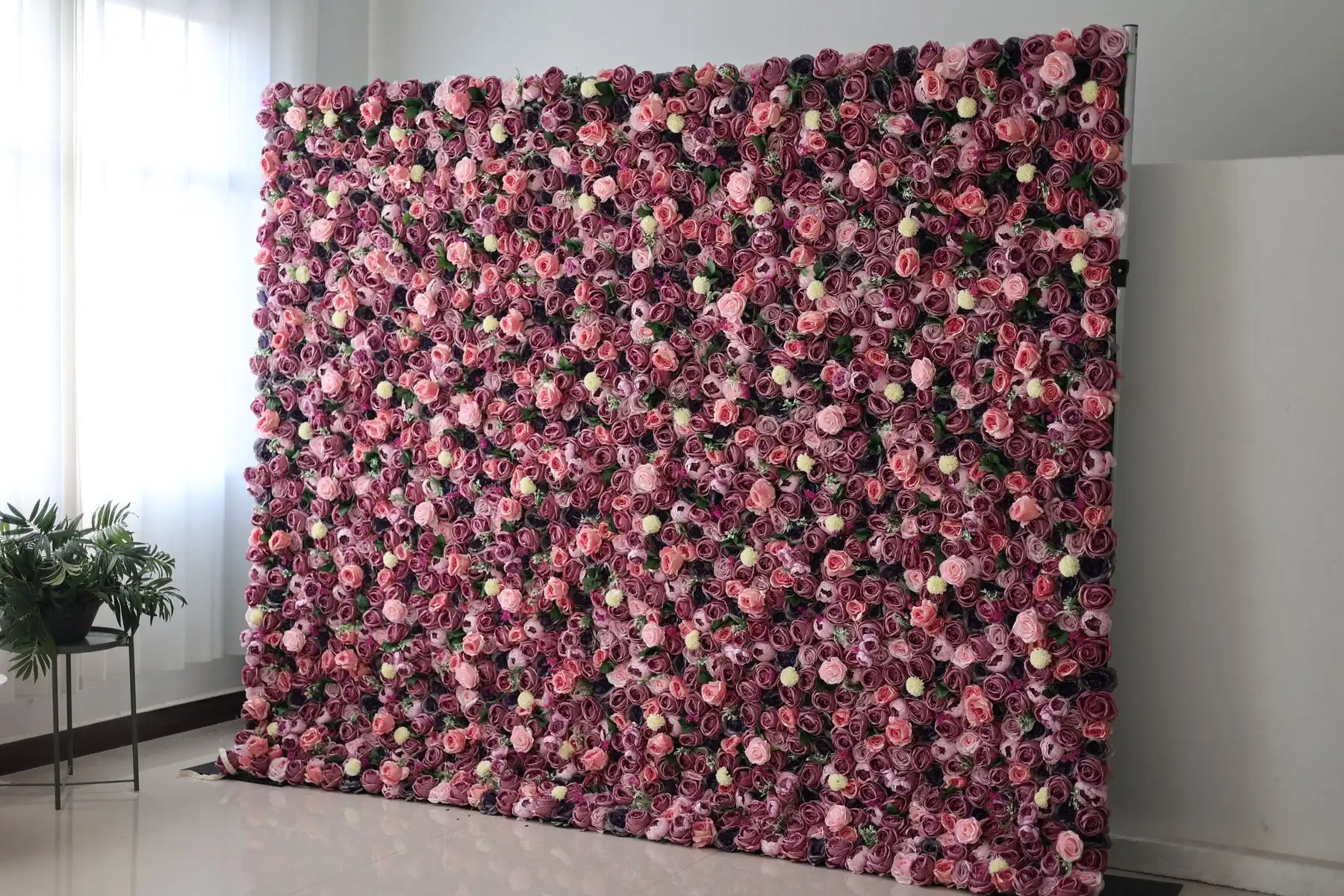 Mixed Flower Series 3D Purple Rose greenery Fabric artificial Flower Wall Roll Curtain fabric Birthday party wedding background