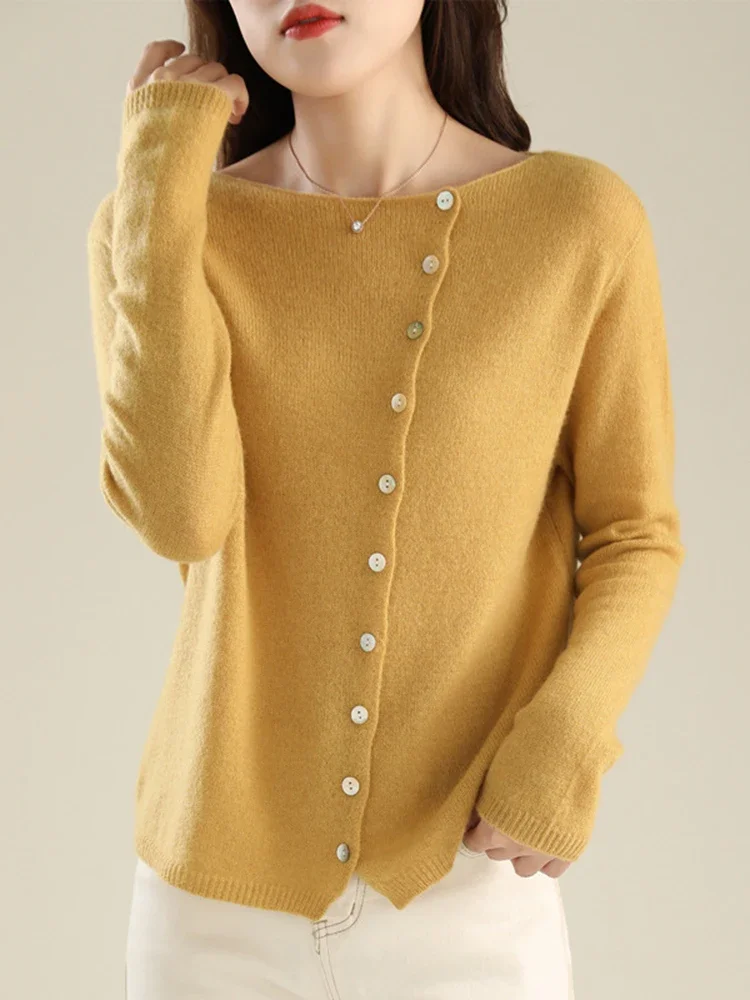 Korean Design Single Breasted Knitted Sweater Tops Women Casual Spring Thin Long Sleeve Knitwear Jumper O-neck Pullover Sueter