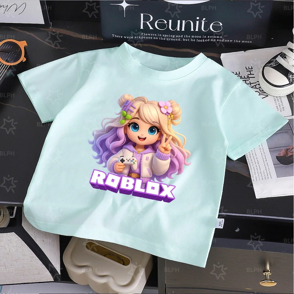 Camiseta Infantil com Estampa de Menina Fofa com Controle de Videogame, Camiseta Casual Moderna para Meninos e Meninas, Ideal para Uso Diário e Brinca