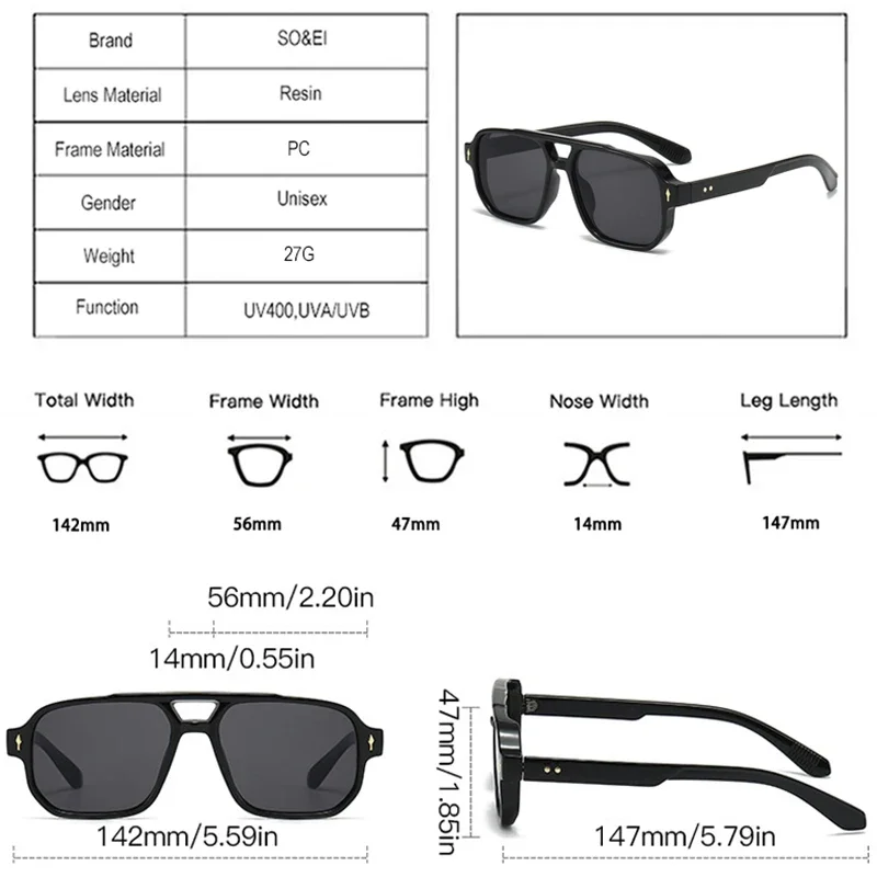 Vintage Double Bridges Men Square Sunglasses Fashion Clear Ocean Lens Eyewear Women Trending Rivets Sun Glasses UV400 image 2