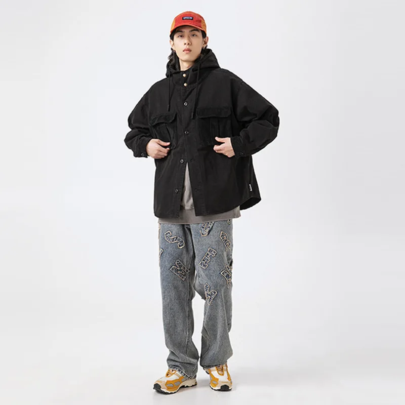 Women Spring Autumn Corduroy Pocket Oversize Shirt Style Hooded Cargo Jacket Men Streetwear Loose Casual Pure Cotton Coat