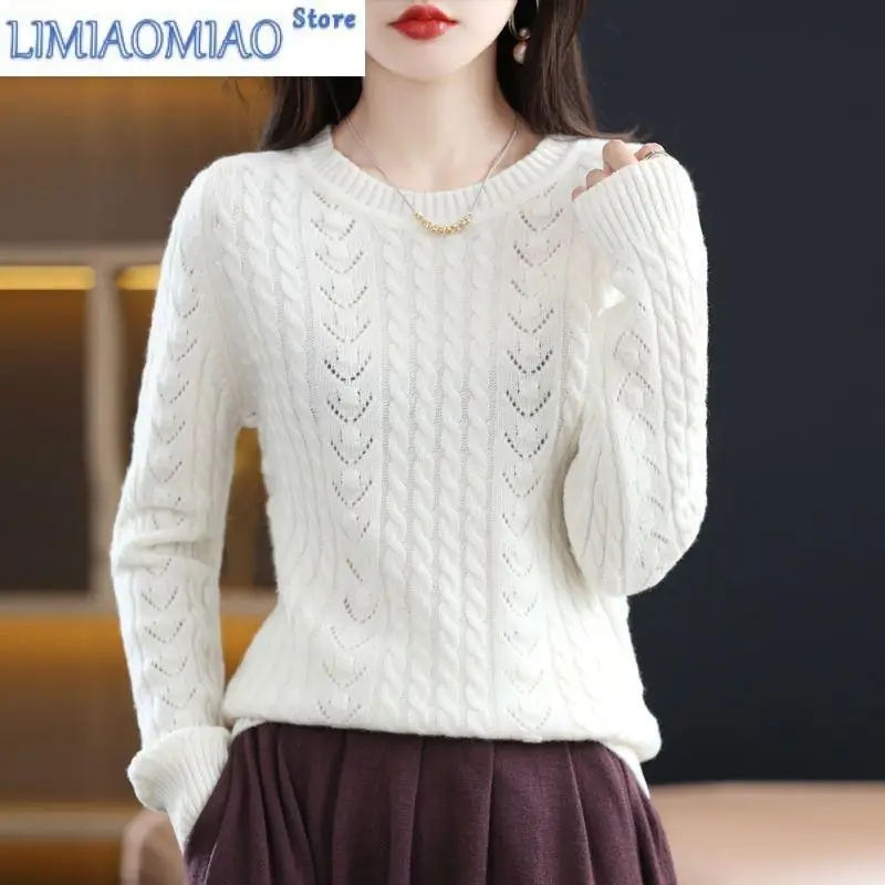 Women's Classic Hook Flower Hollow Long Sleeve Autumn Winter Half High Collar Sweater Knitted Casual Solid Color Pullover Tops