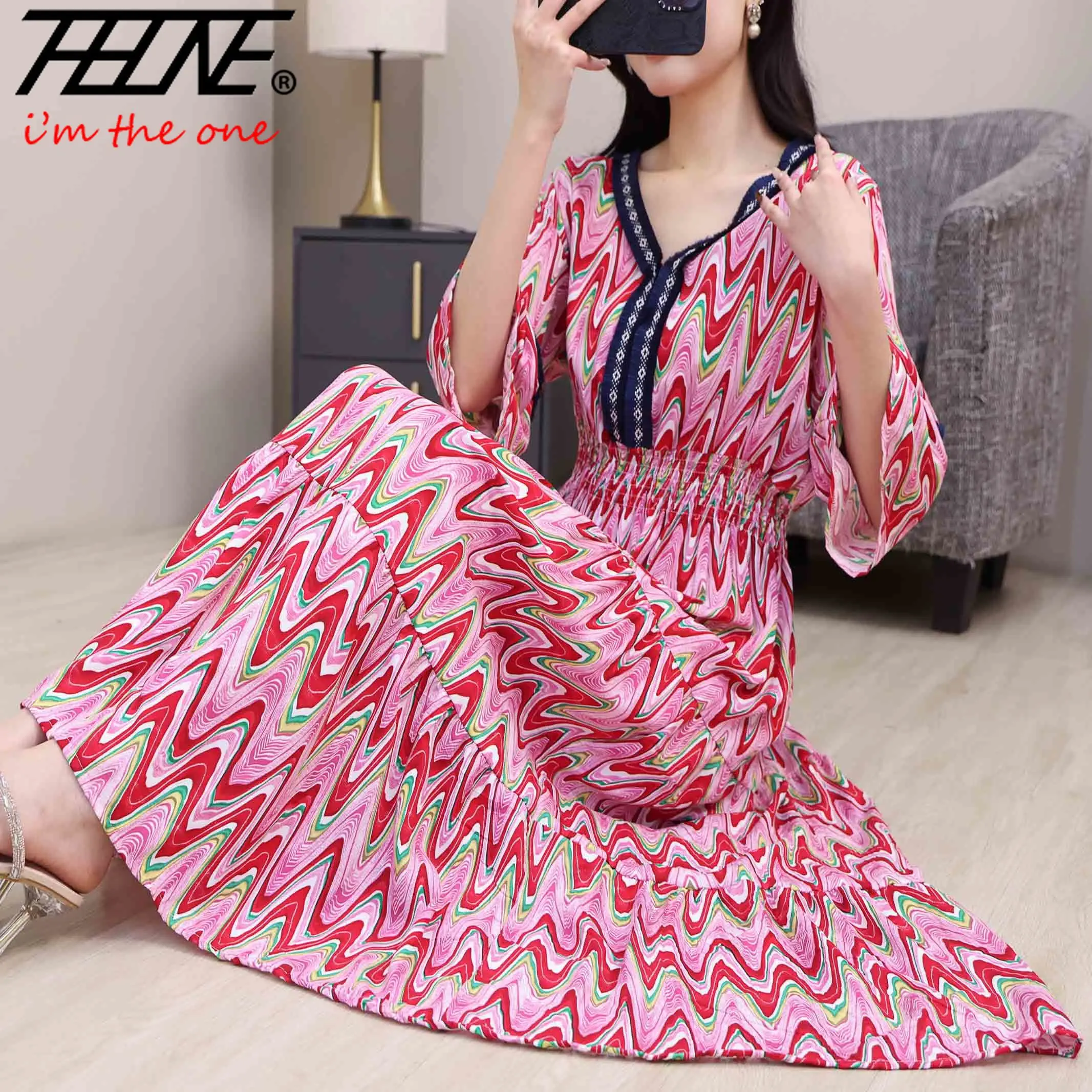 여성용 보헤미안 레이스 프린트 플로럴 코튼 맥시 V넥 캐주얼 빈티지 베스티도 로브, 한국 패션 스타일, 여름 인도 드레스