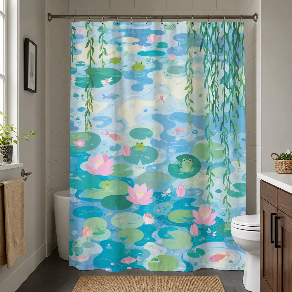 Cute Pond Life Shower Curtain Tropical Lily Pad Frog Greenery Bathroom Decor Waterproof Shower Curtain