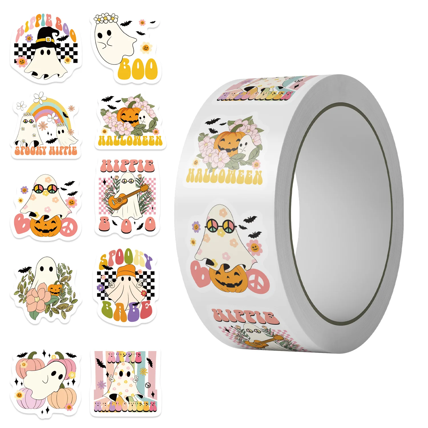 500Pcs Halloween Stickers Roll, 10 Designs Groovy Ghost Decals, Retro Hippie Pumpkin Stickers for Diary Scrapbooking Gifts