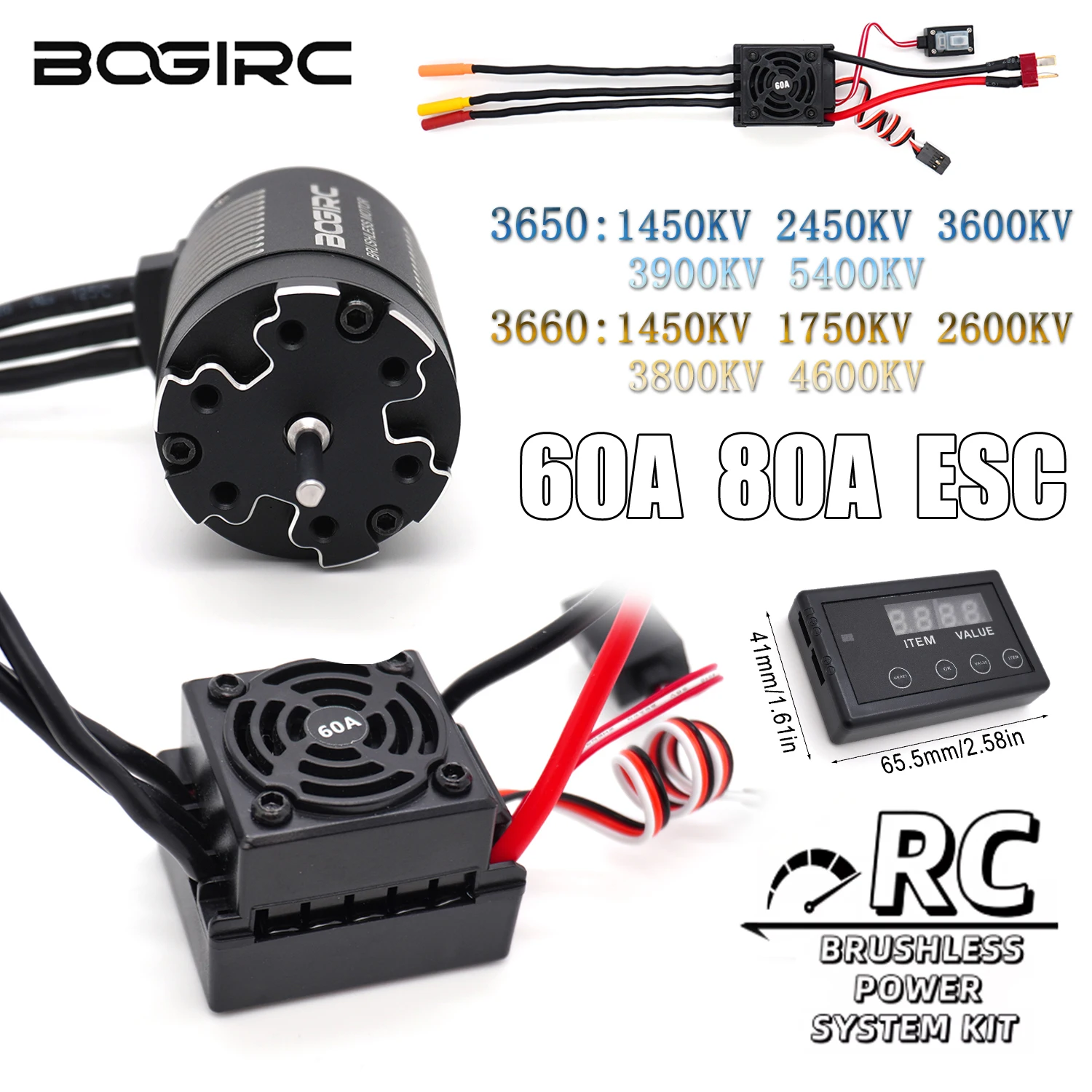 BOGIRC Brushless 3660 3650 1450KV/1750KV Motor & 60A 80A ESC & Programming Card for 1/10 RC Car Off-Road Model Car Accessories