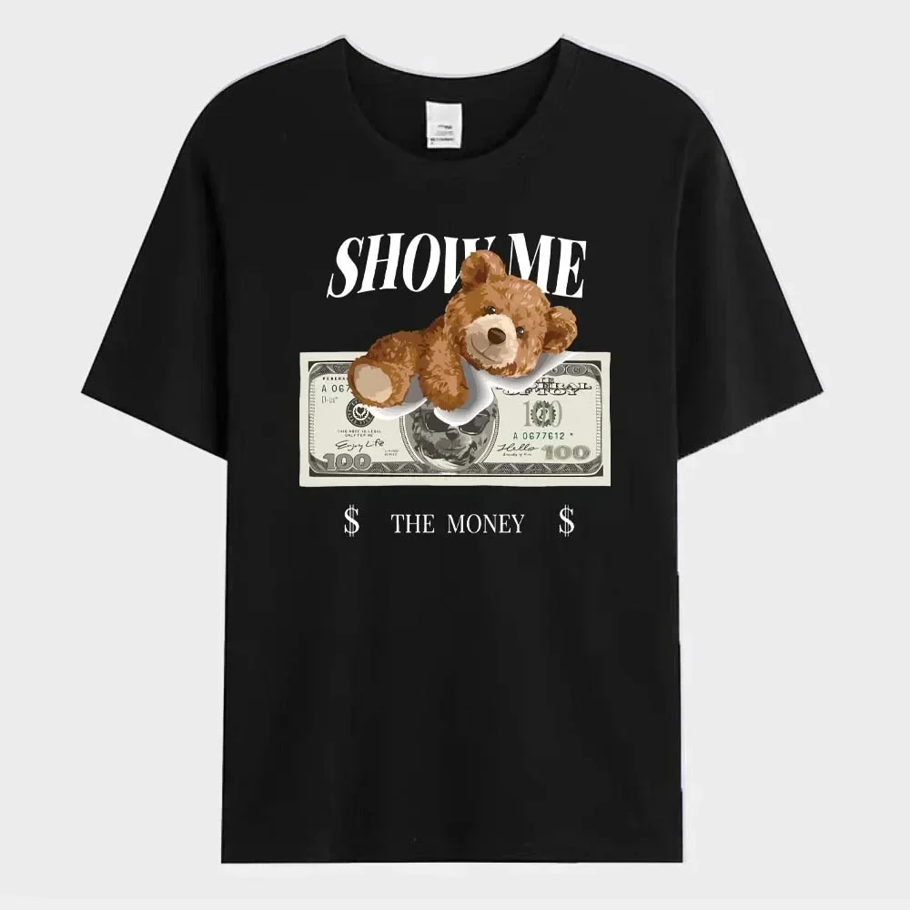 Embrace The Us Dollar Teddy Printed T-Shirt Men Street Loose Casual Short Sleeves Summer Breathable Tee Cotton Clothing