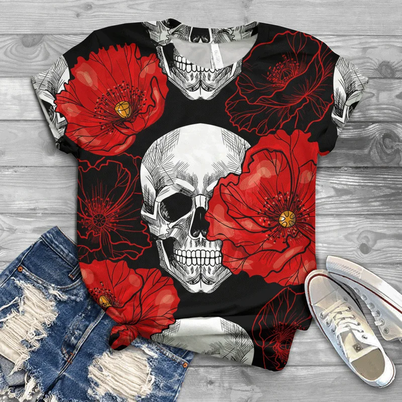 Skull Series 3D Print T-Shirts Women's Hip Hop Streetwear O-Neck Short Sleeves T Shirt Y2k Harajuku Tees Tops Female Clothing