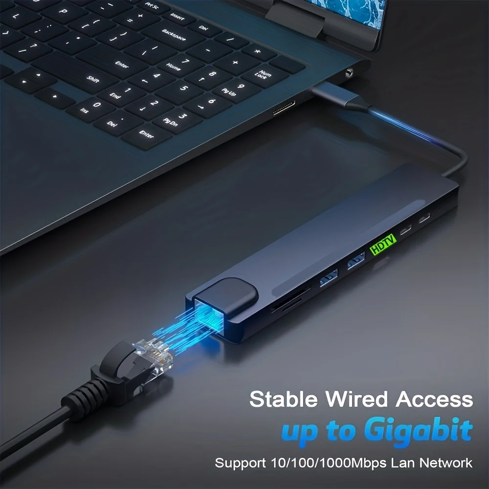  Ethernet Multi Port Hub, 5Gbps USB C and 2 USB A Data Ports, PD 100W Charging,8-in-1 USB C Hub, 4K High-Definition TV, 100Mbps