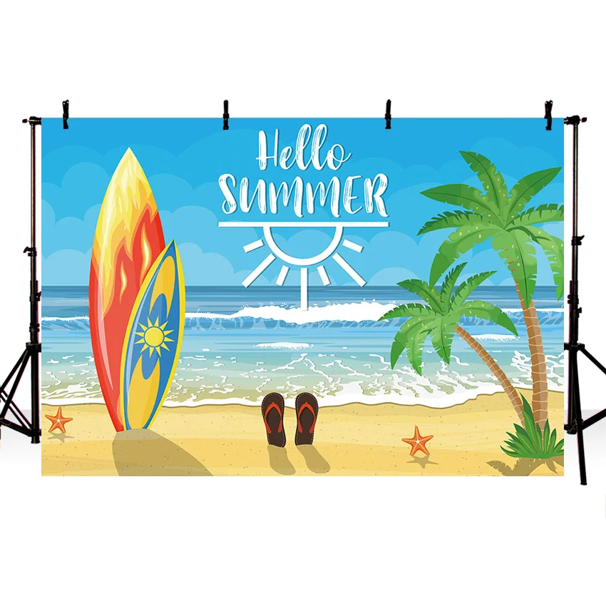 Mehofond Hello Summer Sun Backdrop Photography Background Hawaii Seaside Kid Birthday Holiday Party Beach Surfboard Decor Studio