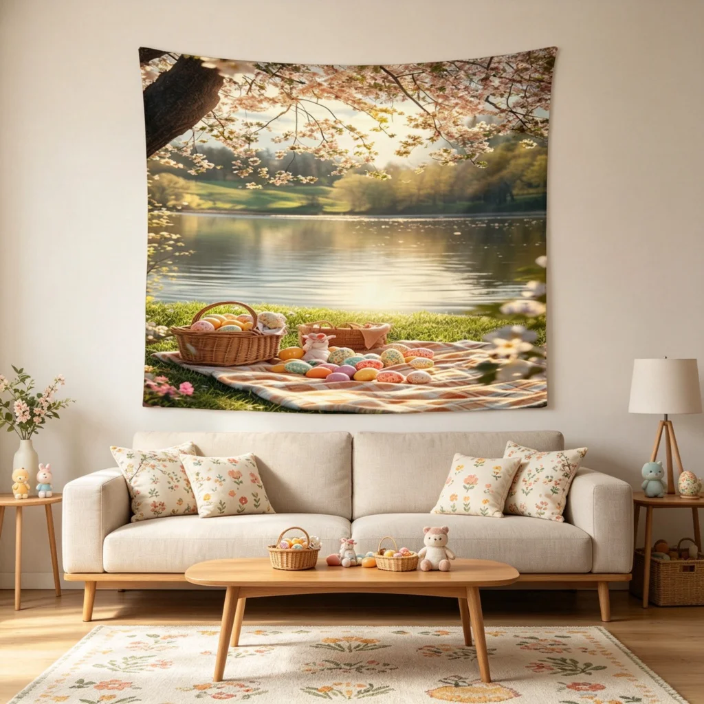 1PC Easter Egg Picnic Art Print Backdrop Banner, Bedroom Living Room Photo Background, Polyester, Home Decor, Wall Art