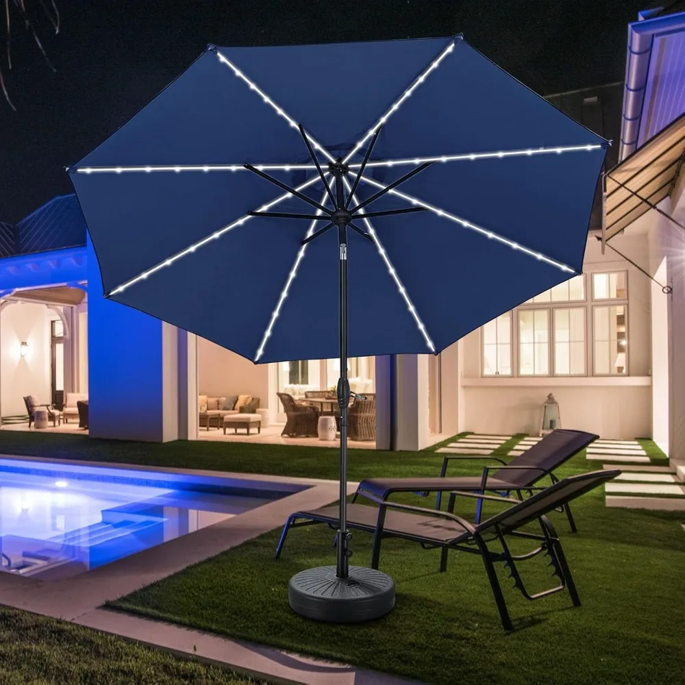 

10 ft Solar Patio Umbrella with Base, 8 Ribs 8 LED Strip Lights and Push Button Tilt & Crank Outdoor Table Umbrella, Customized