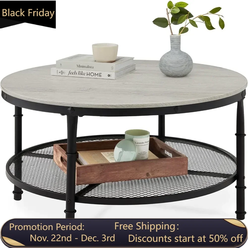 2-story 35.5-inch circular steel living room table, wooden tabletop, reinforced crossbars, cushioned feet, open shelving