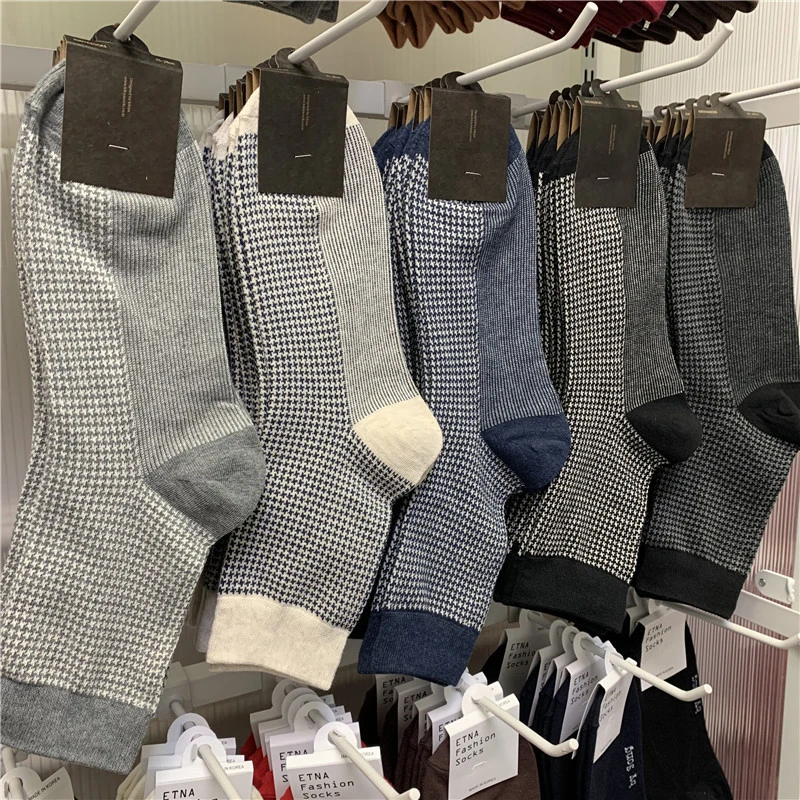 Gentleman Men's Socks Solid Color Combed Cotton Plaid Business Style Sport Mid Tube Boys Skateboard Novelty Breathable Gifts
