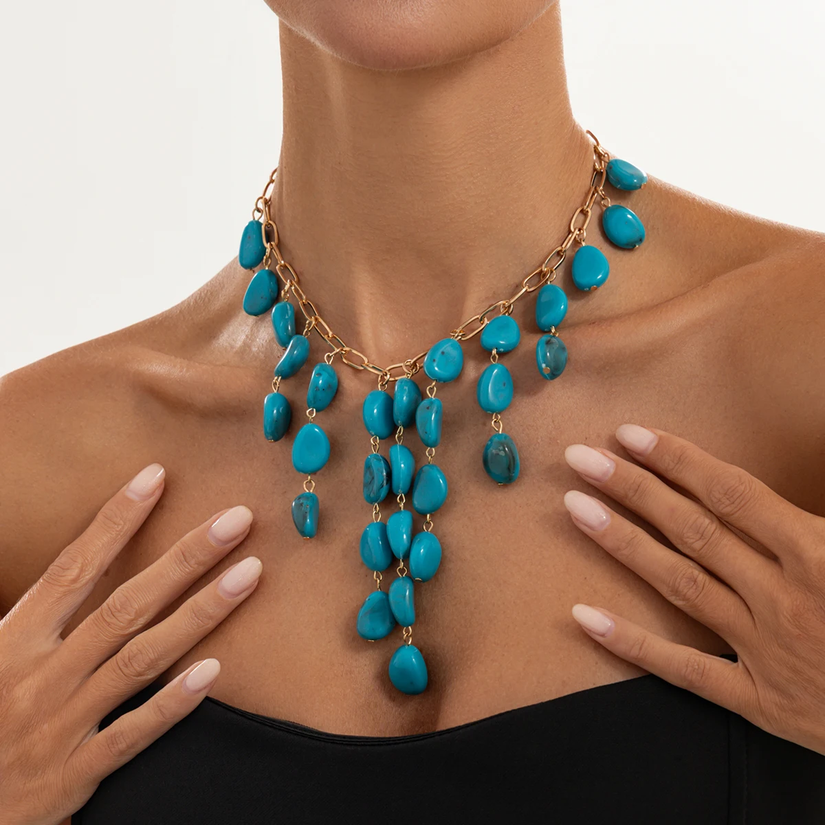 Ingemark Retro Blue Resin Bead Tassel Pendant Necklace for Women Elegant Adjustable Sweater Chain Banquet Jewelry Neck Accessory