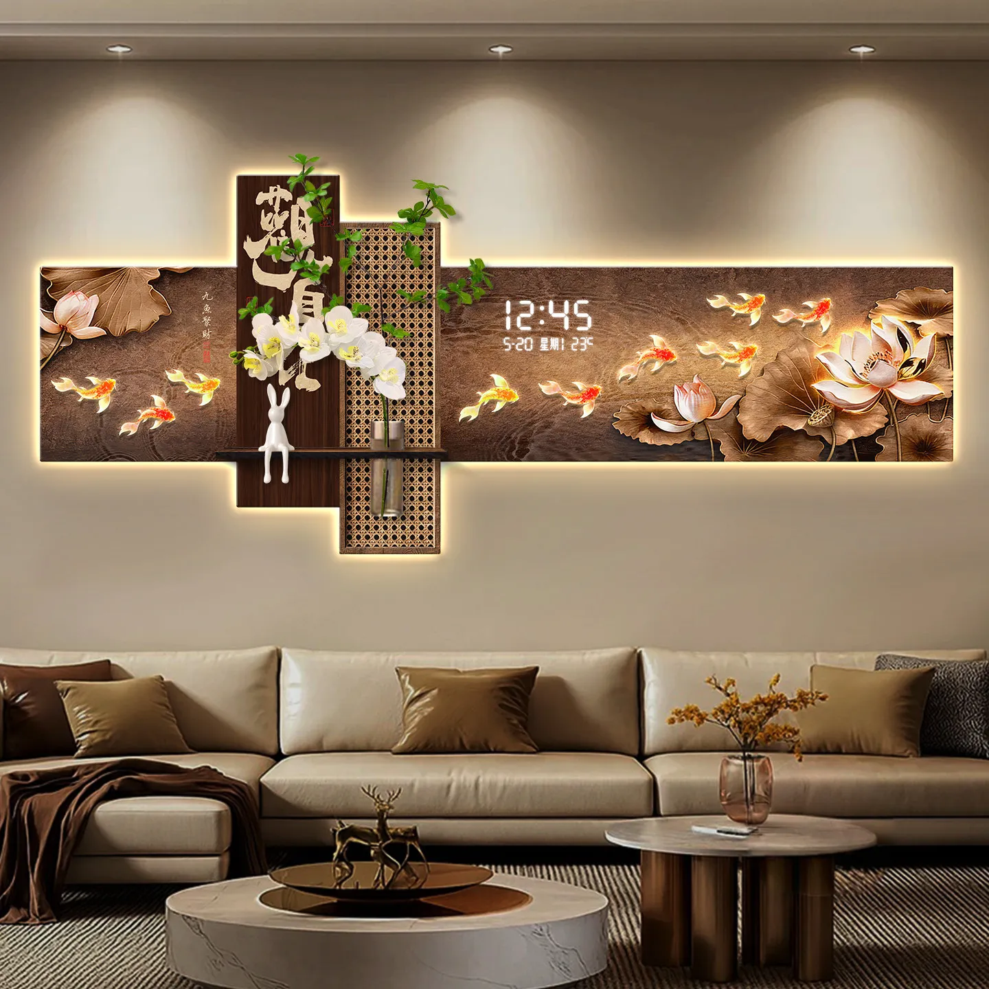Nine Fish Picture Living Room Decoration Painting Electronic Clock Sofa Background Hydroponic Green Plant Wall Light