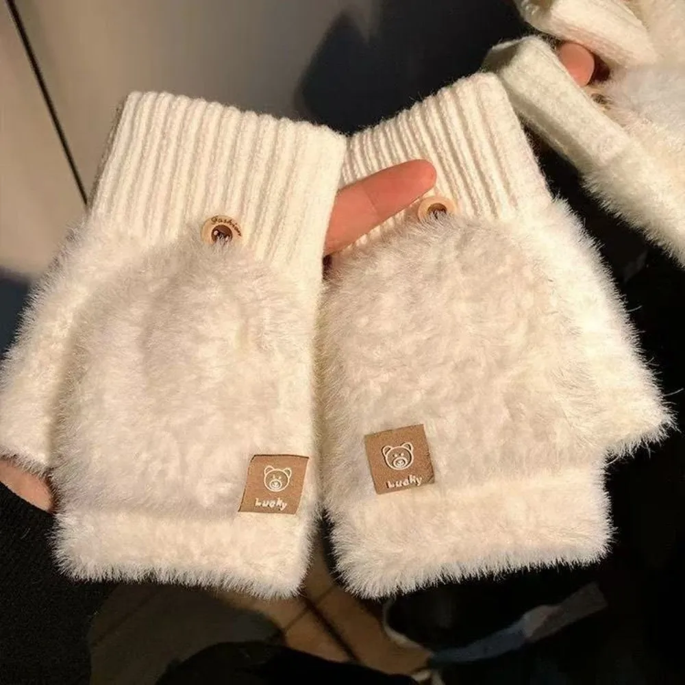 Thermal Soft Plush Flip Cover Gloves Fuzzy Touch Screen Half Finger Gloves Warm Cartoon Convertible Mittens Outdoor