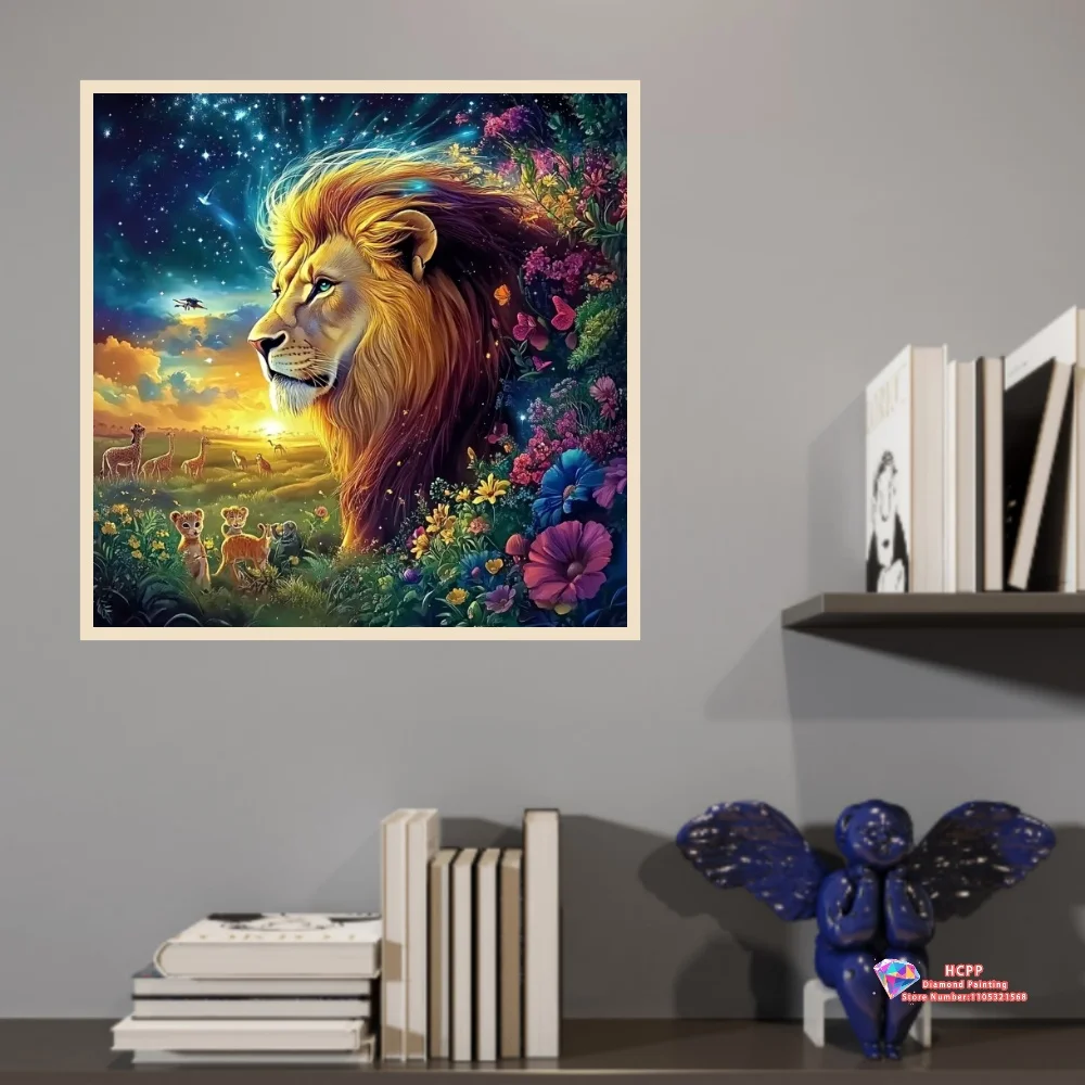Majestic Lion in African Savanna 5D DIY Diamond Painting Set with Square and Round Diamonds Handmade Crafts Home Decor Gifts.